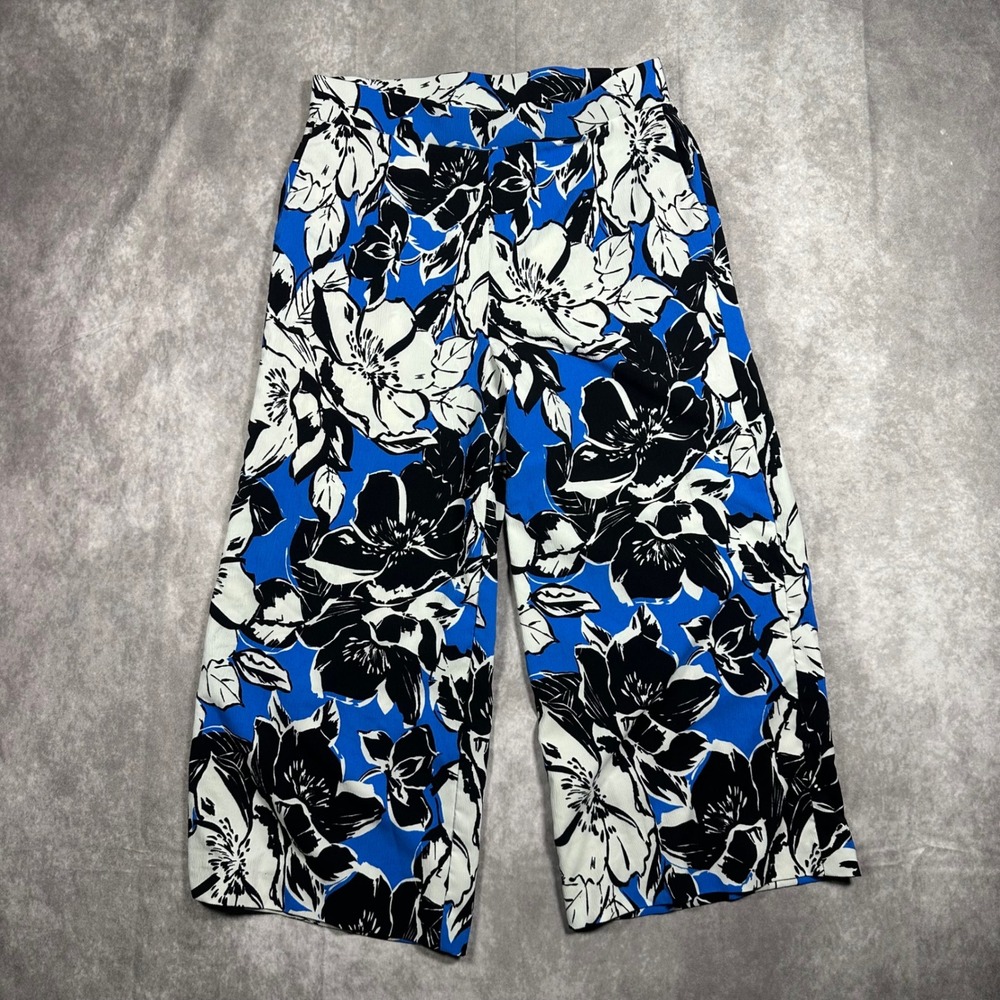 77 Park Blue Floral Wide Leg Pants Size S Botanical Print Crepe Cropped Trousers